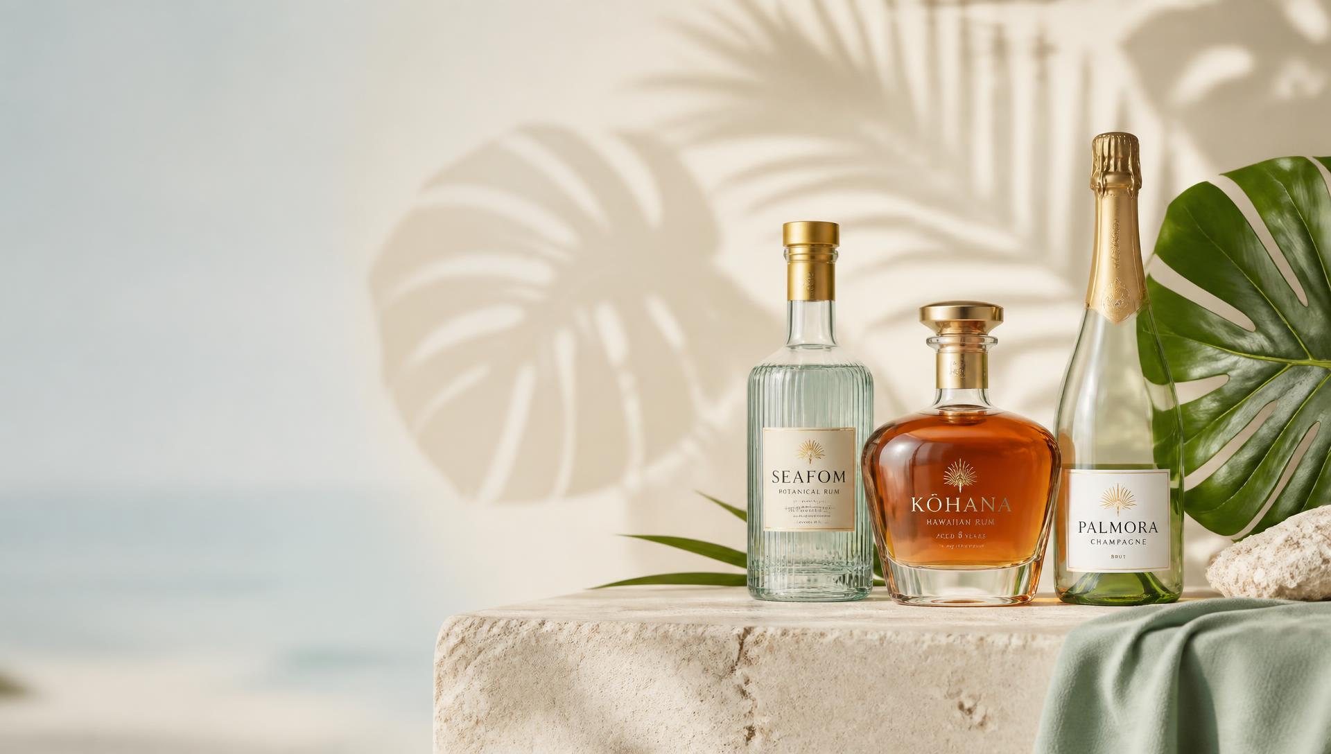 Premium spirits and champagne on a travertine ledge with palm shadows